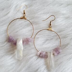 New Women's Goldtone Hoop Lavender Carved Stone Earrings